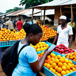 **

*   **Prompt:** A bustling Ivorian marketplace scene. In the foreground, a woman uses a mobile banking app on her smartphone to manage payments for her fruit stand. Other vendors and customers are visible in the background, some using mobile phones, showcasing the integration of fintech in daily life. Capture the vibrant colors and energy of West African commerce.

**
