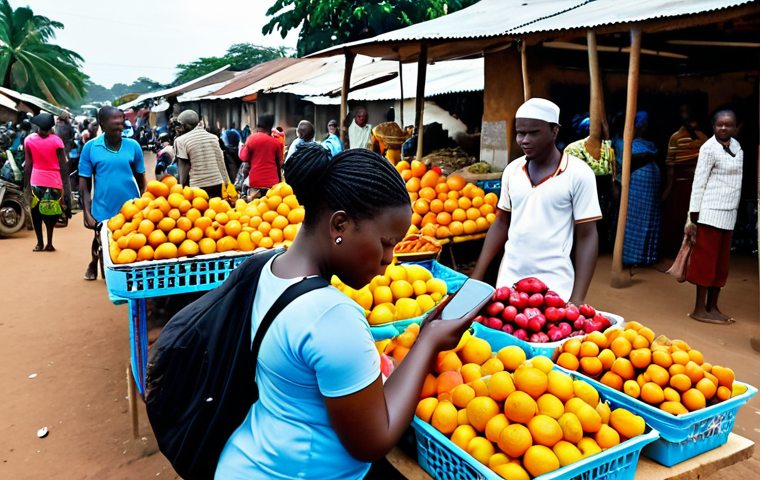 **
* **Prompt:** A bustling Ivorian marketplace scene. In the foreground, a woman uses a mobile banking app on her smartphone to manage payments for her fruit stand. Other vendors and customers are visible in the background, some using mobile phones, showcasing the integration of fintech in daily life. Capture the vibrant colors and energy of West African commerce.
**