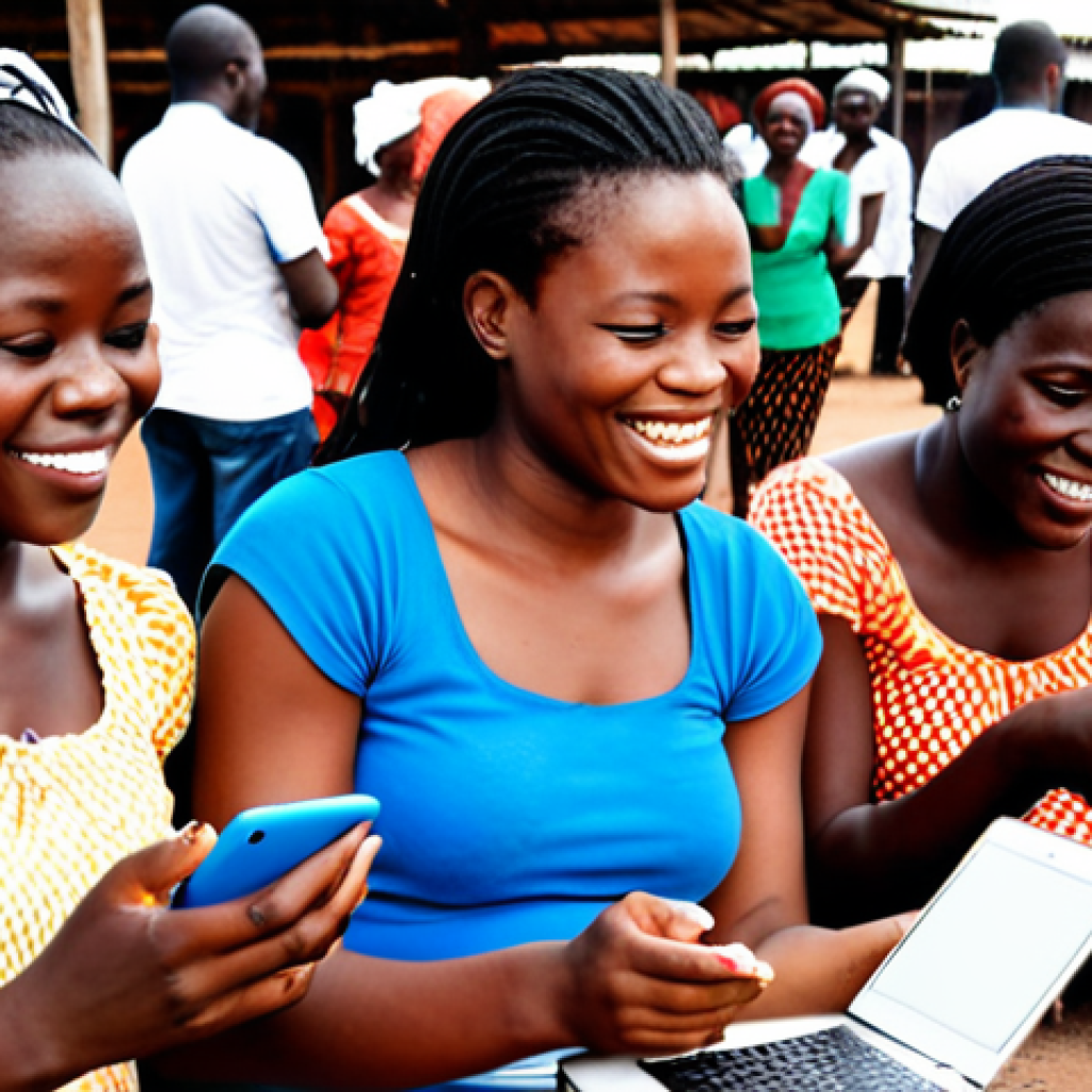 **

A group of Ivorian women attending a digital literacy training session outdoors, using mobile phones and tablets. Some are smiling and engaged with the instructor. In the background, there's a bustling market scene, representing economic empowerment. The overall tone should be hopeful and empowering, showcasing the potential of technology to bridge the digital divide.

**
