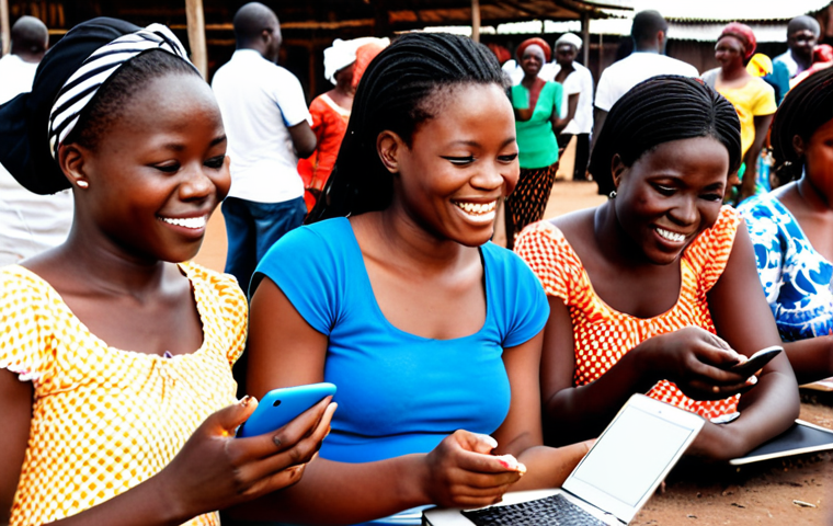 **

A group of Ivorian women attending a digital literacy training session outdoors, using mobile phones and tablets. Some are smiling and engaged with the instructor. In the background, there's a bustling market scene, representing economic empowerment. The overall tone should be hopeful and empowering, showcasing the potential of technology to bridge the digital divide.

**