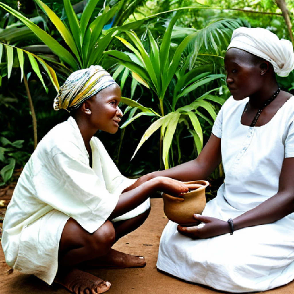 A professional, authentic photograph of an elderly female Ivorian traditional healer (Komian) and a young female apprentice. Both are fully clothed in modest, traditional Ivorian attire, sitting in a serene, open-air consultation space surrounded by lush green medicinal plants. The elder is gently showing the apprentice a specific medicinal leaf, conveying wisdom through a natural pose. The scene is bathed in soft natural lighting, highlighting earthenware pots and a sense of calm. safe for work, appropriate content, fully clothed, modest clothing, family-friendly, perfect anatomy, correct proportions, natural pose, well-formed hands, proper finger count, natural body proportions, high quality.