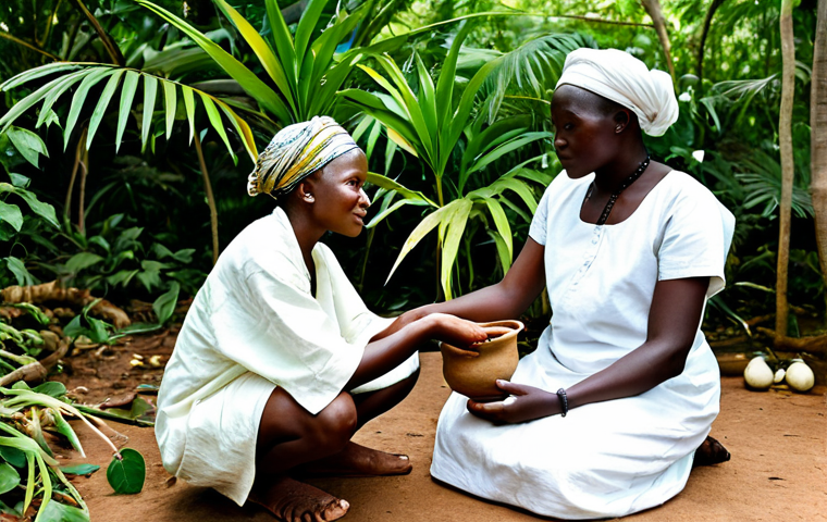 A professional, authentic photograph of an elderly female Ivorian traditional healer (Komian) and a young female apprentice. Both are fully clothed in modest, traditional Ivorian attire, sitting in a serene, open-air consultation space surrounded by lush green medicinal plants. The elder is gently showing the apprentice a specific medicinal leaf, conveying wisdom through a natural pose. The scene is bathed in soft natural lighting, highlighting earthenware pots and a sense of calm. safe for work, appropriate content, fully clothed, modest clothing, family-friendly, perfect anatomy, correct proportions, natural pose, well-formed hands, proper finger count, natural body proportions, high quality.