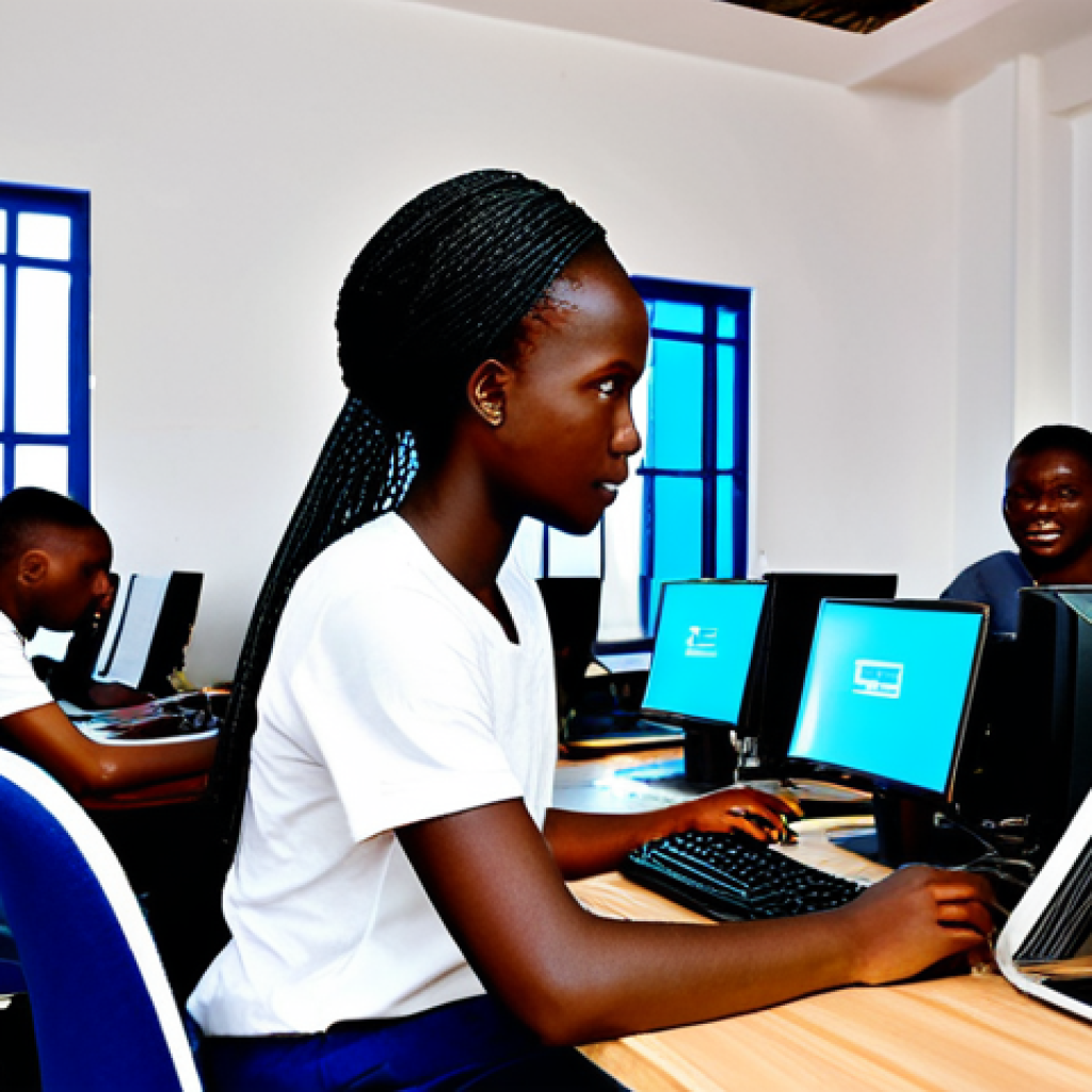 **
A bustling cybercafé in Abidjan, Côte d'Ivoire, fully clothed people are using computers, professional atmosphere, safe for work, appropriate content, showcasing a diverse group of individuals (students, entrepreneurs) accessing the internet. Modest clothing, natural lighting, perfect anatomy, correct proportions, family-friendly, high quality.
**