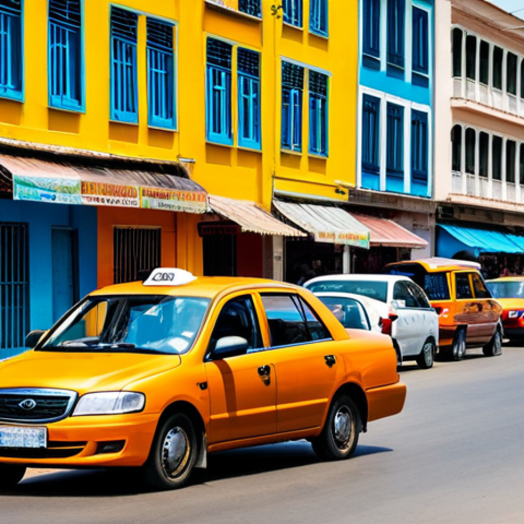 "A vibrant orange taxi in Abidjan, bustling street scene with colorful buildings, driver negotiating fare with a passenger, fully clothed, appropriate attire, safe for work, perfect anatomy, natural proportions, professional photography, high quality, family-friendly."