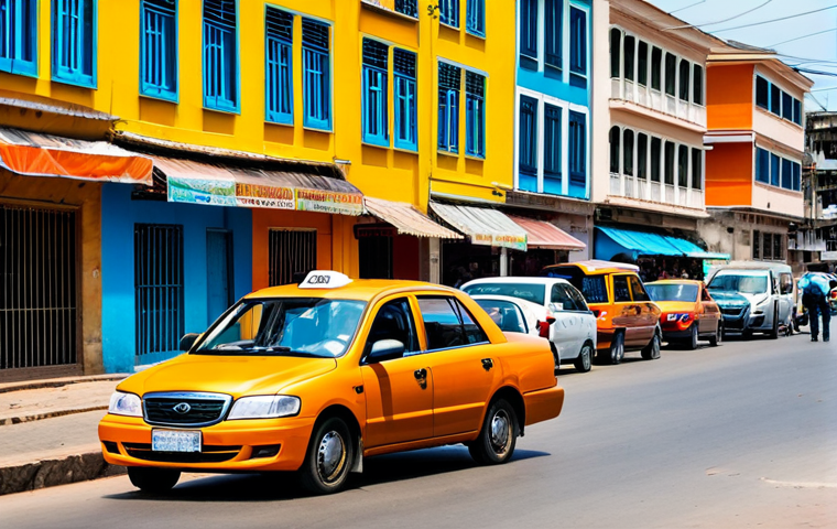 "A vibrant orange taxi in Abidjan, bustling street scene with colorful buildings, driver negotiating fare with a passenger, fully clothed, appropriate attire, safe for work, perfect anatomy, natural proportions, professional photography, high quality, family-friendly."
