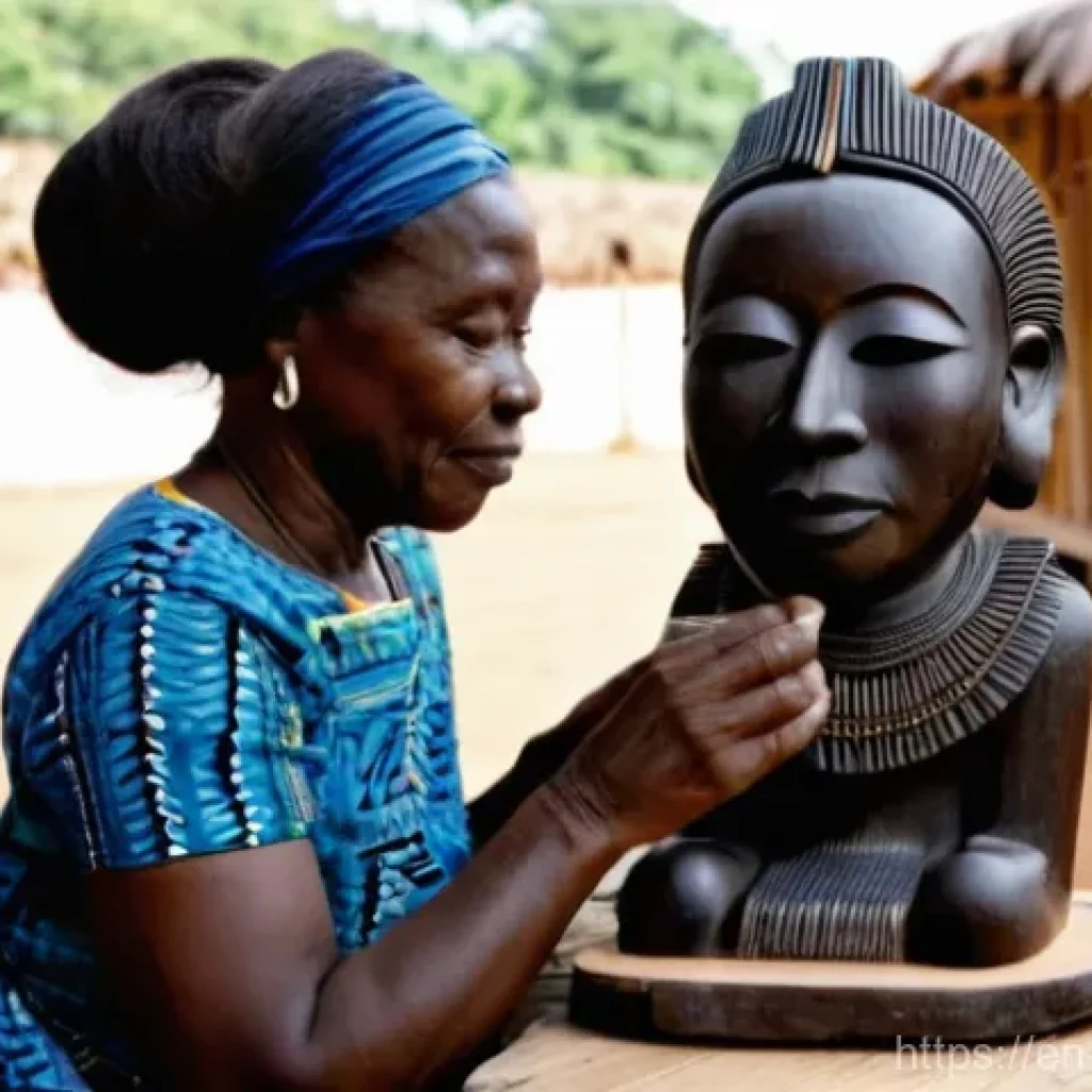 코트디부아르 전통 시장과 쇼핑 리스트 - **Prompt:** A skilled Ivorian wood carver, a woman in her late 40s, meticulously working on an unfin...