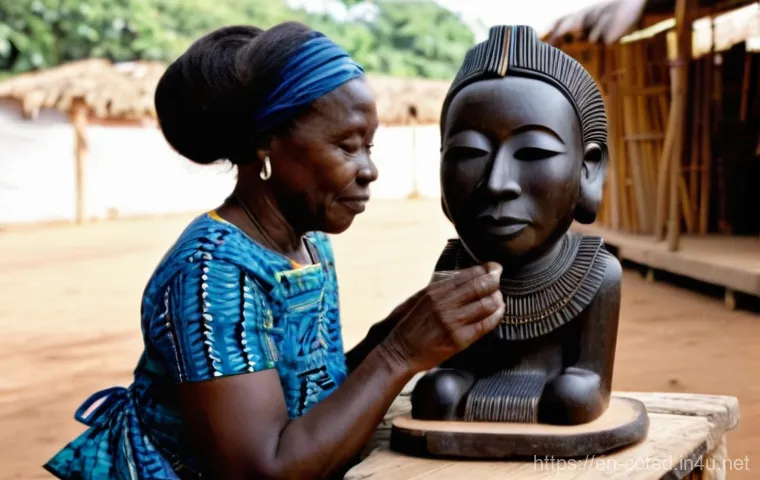 코트디부아르 전통 시장과 쇼핑 리스트 - **Prompt:** A skilled Ivorian wood carver, a woman in her late 40s, meticulously working on an unfin...