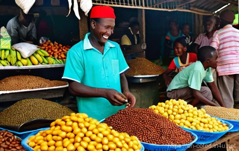 코트디부아르 전통 시장과 쇼핑 리스트 - **Prompt:** A vibrant market stall in Côte d'Ivoire, bursting with a kaleidoscope of textiles and ha...