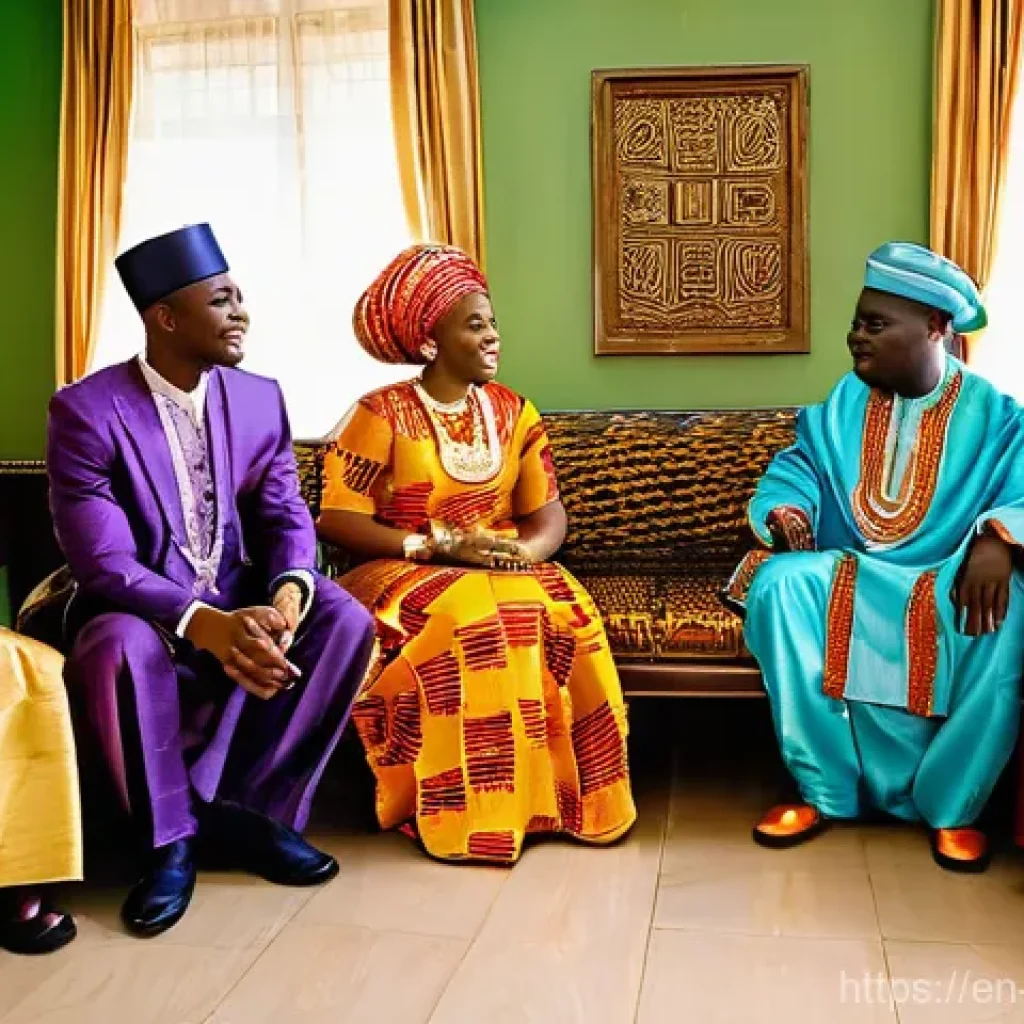 코트디부아르 결혼 풍습 - **Prompt:** A vibrant Ivorian wedding scene depicting the "Knock-Door" tradition. The groom, dressed...
