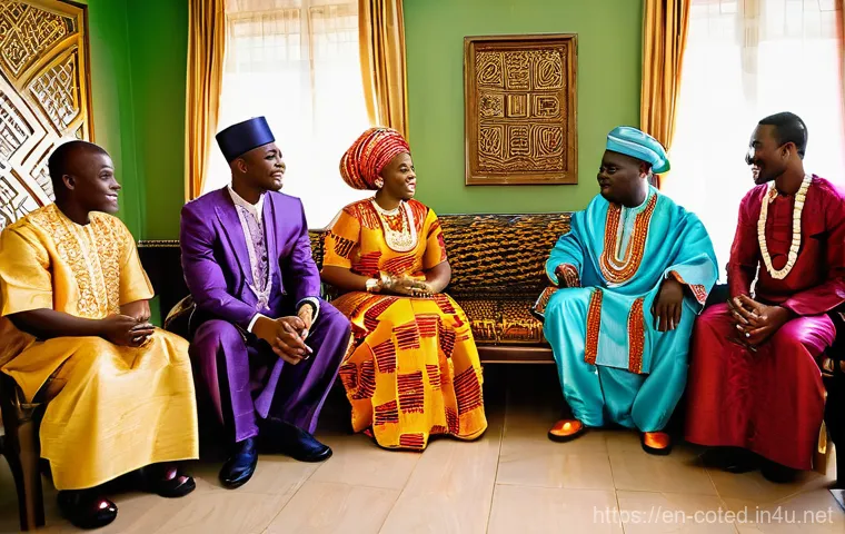 코트디부아르 결혼 풍습 - **Prompt:** A vibrant Ivorian wedding scene depicting the "Knock-Door" tradition. The groom, dressed...