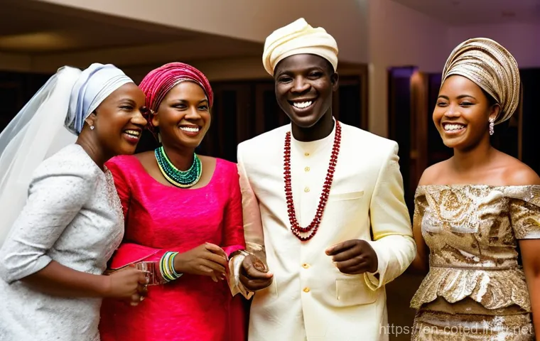 코트디부아르 결혼 풍습 - **Prompt:** A vibrant Ivorian wedding scene depicting the "Knock-Door" tradition. The groom, dressed...