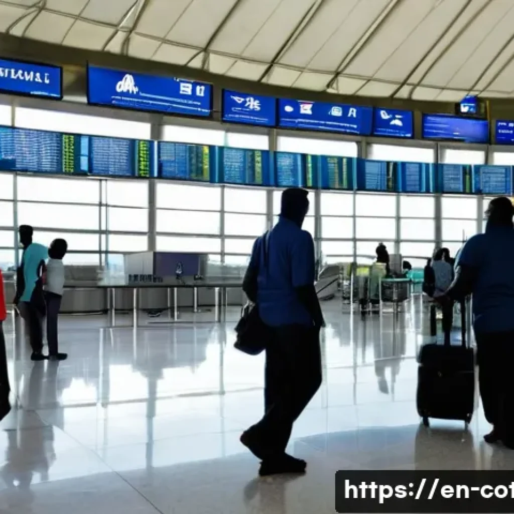 코트디부아르 국제 공항과 항공편 정보 - A wide shot of the bustling, modern arrival hall at F&eacute;lix-Houphou&euml;t-Boigny International Airport in ...