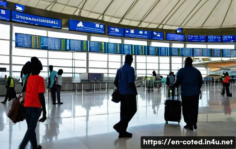 코트디부아르 국제 공항과 항공편 정보 - A wide shot of the bustling, modern arrival hall at Félix-Houphouët-Boigny International Airport in ...