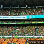 코트디부아르 vs 카메룬 축구 역사 - **Prompt:** A vibrant, packed football stadium in Africa, filled with enthusiastic fans during a hig...