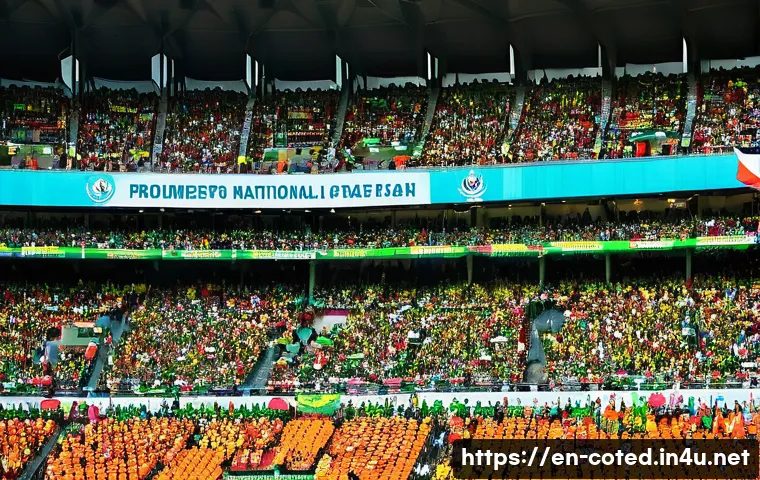 코트디부아르 vs 카메룬 축구 역사 - **Prompt:** A vibrant, packed football stadium in Africa, filled with enthusiastic fans during a hig...