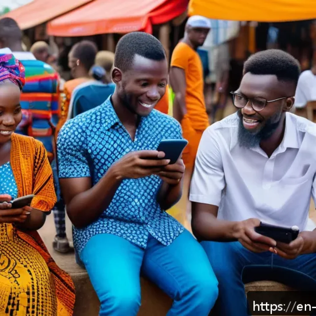 코트디부아르 온라인 비즈니스 가능성 - A vibrant street scene in Ivory Coast showcasing diverse young entrepreneurs using smartphones and l...