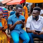 코트디부아르 온라인 비즈니스 가능성 - A vibrant street scene in Ivory Coast showcasing diverse young entrepreneurs using smartphones and l...