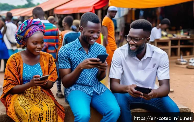 코트디부아르 온라인 비즈니스 가능성 - A vibrant street scene in Ivory Coast showcasing diverse young entrepreneurs using smartphones and l...
