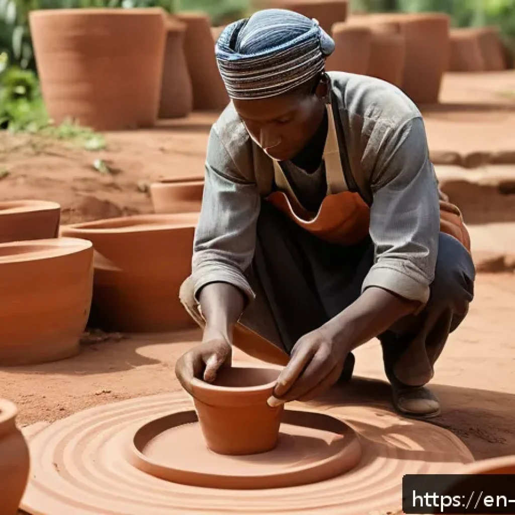 코트디부아르 도자기 및 공예품 기념품 - A skilled Ivory Coast artisan shaping red clay pottery on a traditional wooden wheel outdoors, weari...