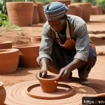 코트디부아르 도자기 및 공예품 기념품 - A skilled Ivory Coast artisan shaping red clay pottery on a traditional wooden wheel outdoors, weari...