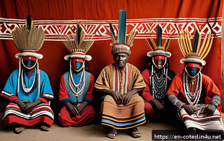 코트디부아르 세누포족 생활방식 - A detailed scene of a Senoufo initiation ceremony featuring male members of the Poro society wearing...