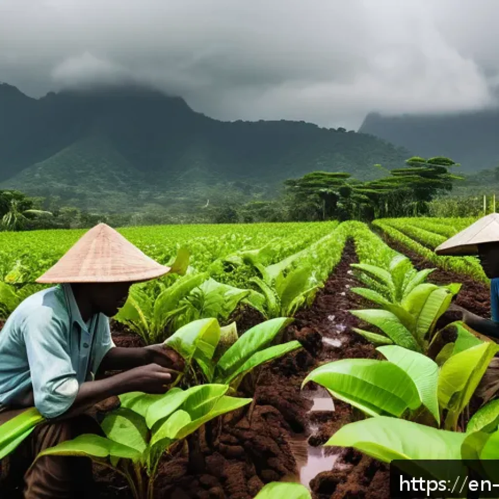 코트디부아르 환경 문제와 기후 변화 - A vibrant scene of smallholder farmers in Ivory Coast working in a cocoa plantation during an unpred...