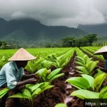 코트디부아르 환경 문제와 기후 변화 - A vibrant scene of smallholder farmers in Ivory Coast working in a cocoa plantation during an unpred...