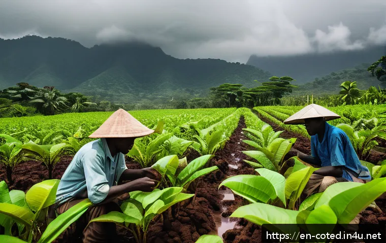 코트디부아르 환경 문제와 기후 변화 - A vibrant scene of smallholder farmers in Ivory Coast working in a cocoa plantation during an unpred...