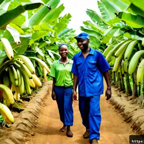 코트디부아르 바나나 플랜테이션 투어 - Photorealistic travel documentary scene in a Côte d’Ivoire banana plantation near Abidjan, a knowled...