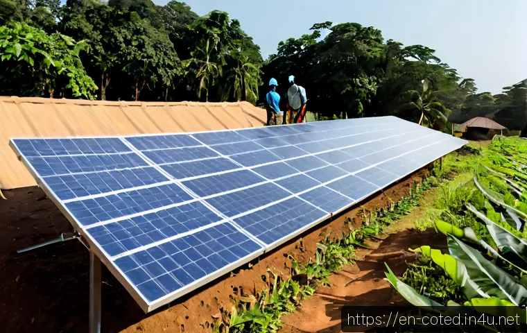 코트디부아르 친환경 프로젝트 - Photorealistic wide-angle view of a community solar energy project in rural Côte d’Ivoire, rows of c...