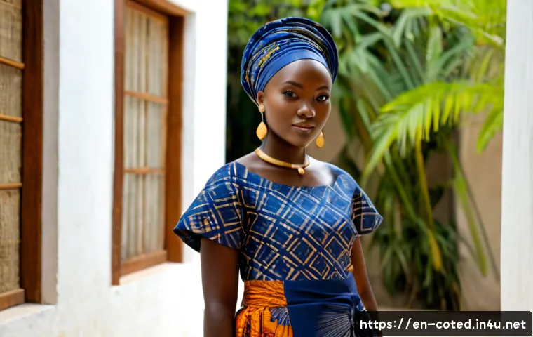 코트디부아르 전통 의상과 패션 - Photorealistic editorial fashion portrait of an Ivorian woman wearing an elegant traditional pagne e...