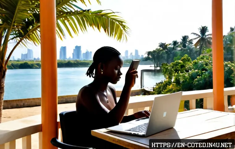 코트디부아르 노마드족을 위한 도시 추천 - Photorealistic lifestyle scene in Abidjan, Côte d’Ivoire, a diverse digital nomad working on a lapto...