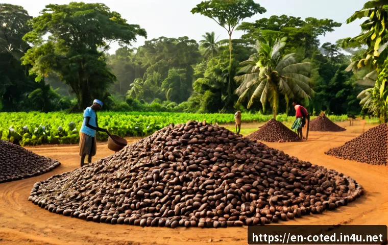 코트디부아르 농업 경제 - Photorealistic wide-angle view of a thriving cocoa farm in rural Côte d’Ivoire, West African farmers...